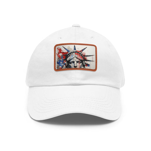 Colorful American flag baseball cap with unique line drawing design.