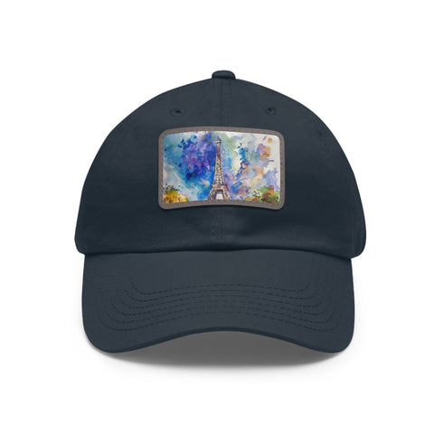 Eiffel Tower Dreams Watercolor Baseball Cap, White with Light Brown patch