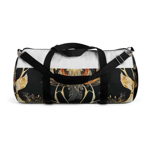 Mythical jackalope pattern small duffel bag, USA-made whimsical travel accessory.