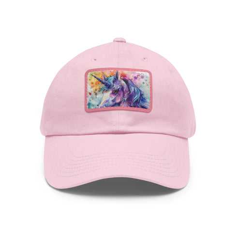 Magical watercolor unicorn baseball cap in white with light brown patch.