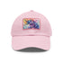 Magical watercolor unicorn baseball cap in white with light brown patch.