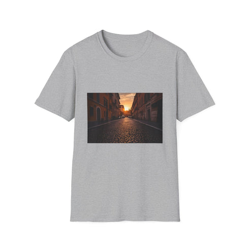 Charcoal cotton T-shirt with vibrant Rome golden hour cityscape graphic
