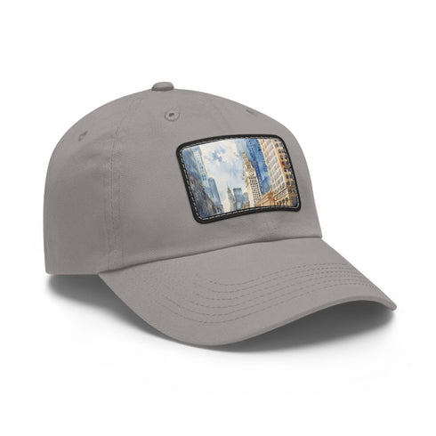 Chicago skyline white hat with light brown patch and watercolor splatter.