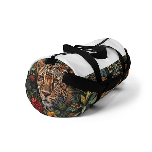 Stylish small cheetah print duffel bag, perfect for travel or daily use.