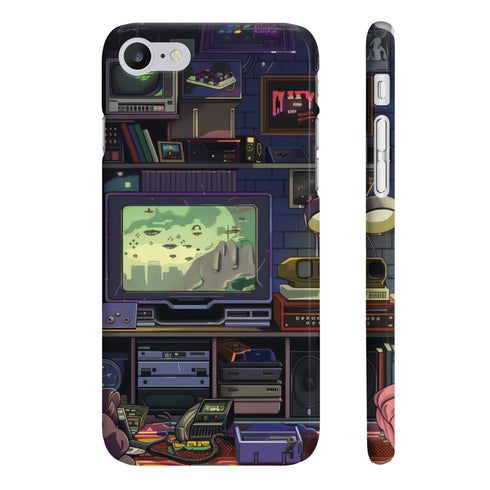 Retro gaming phone case with colorful pixel art design for iPhone.