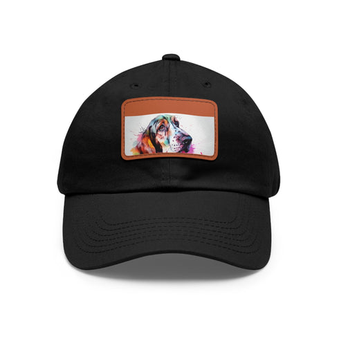 White basset hound baseball cap with rectangle patch, for dog lovers.