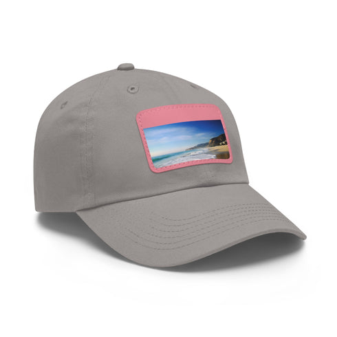 White cotton baseball cap with Malibu Beach patch, perfect for sunny days.