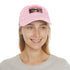 Audrey Hepburn monochrome baseball cap with white patch in rectangle shape.