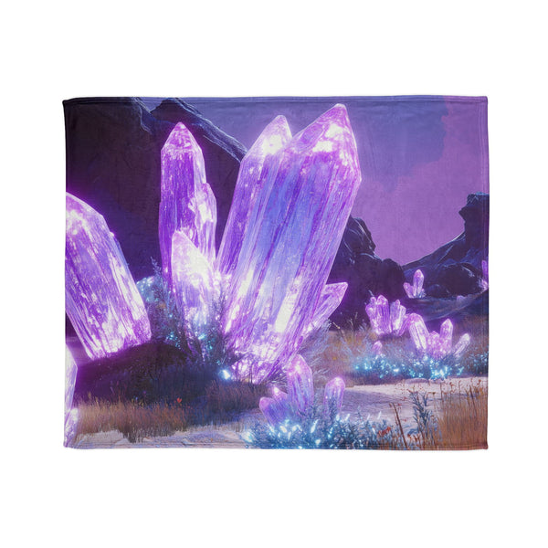Neon Crystals Blooming in Wasteland — Plush Fleece Throw Blanket — Draped Over Sofa & Bed Lifestyle View