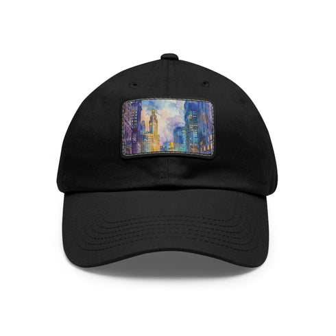 Chicago skyline watercolor cap with white/light brown patch, rectangle shape.