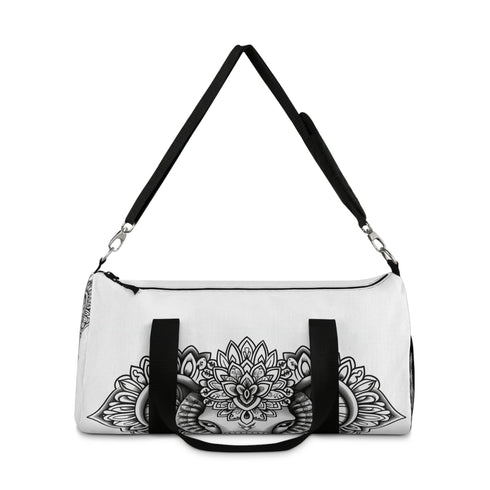 Ornate elephant mandala print small duffel bag, assembled in USA.