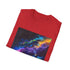 Vibrant charcoal cotton T-shirt with neon space galaxy design