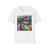 Black urban art T-shirt with vibrant colors and bold lines.