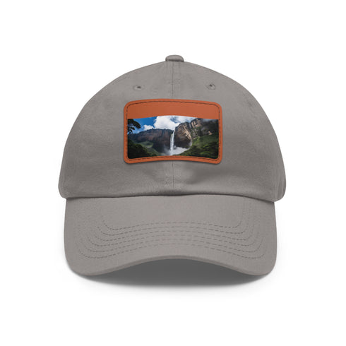 White cotton baseball cap with Angel Falls image patch, unisex style.