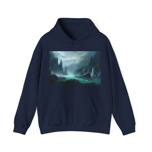 Navy regular fit unisex hoodie with fantasy landscape print.