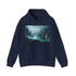 Navy regular fit unisex hoodie with fantasy landscape print.