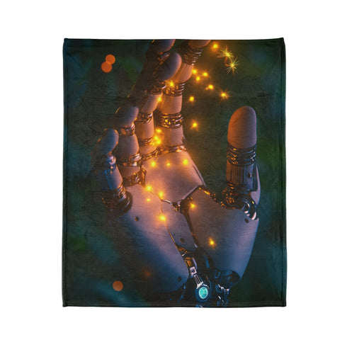 Cyborg Hand Holding Fireflies — Plush Fleece Throw Blanket — Product Detail View 7