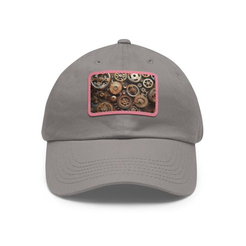 Steampunk cap with gears, cogs, white/light brown rectangle design.