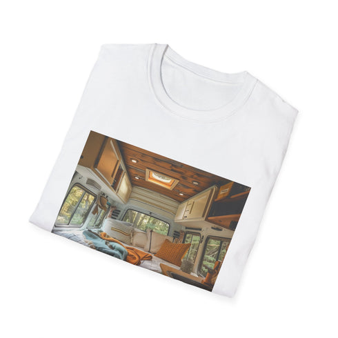 Charcoal cotton t-shirt featuring cozy retro camper van interior design