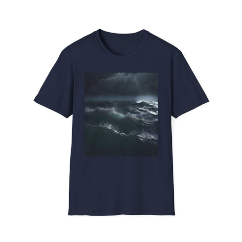 Symphony of Power nature-inspired charcoal cotton tee with storm design.