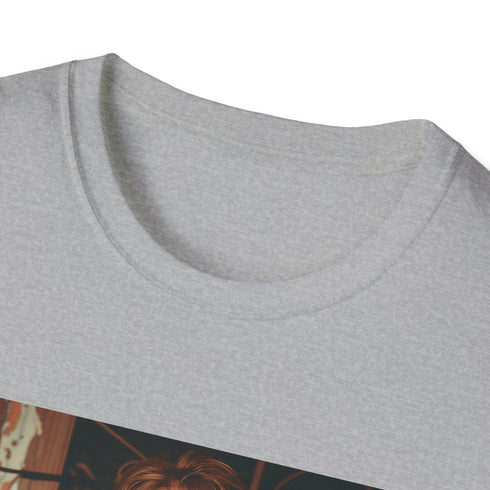 Charcoal crew neck t-shirt with distressed grunge design evokes 90s nostalgia