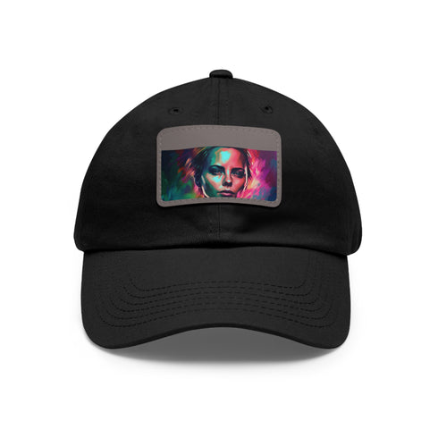 Neon watercolor baseball cap featuring Charlize Theron artwork, white patch.