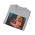 Charcoal cotton crew neck T-shirt features vibrant Kylie Jenner portrait design