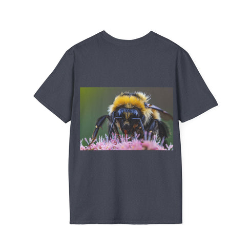 Charcoal cotton tee with vibrant bumblebee watercolor design; stylish pollinator shirt