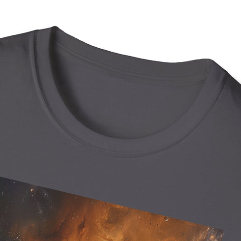 Charcoal cotton t-shirt featuring vibrant Jupiter painting with a cosmic theme