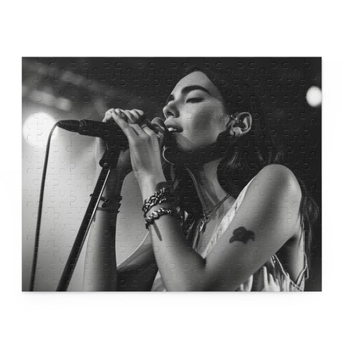 Vibrant Dua Lipa singing puzzle for music lovers.