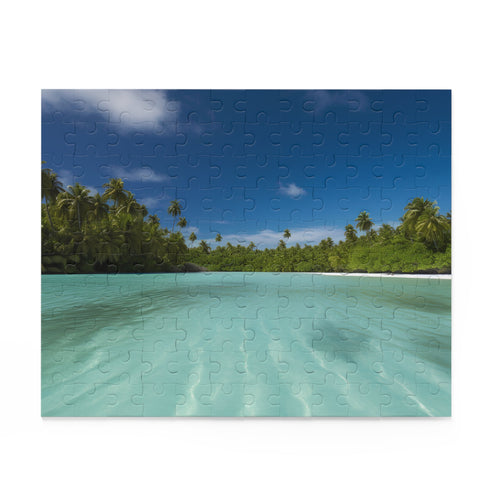 Aerial view jigsaw puzzle of Aitutaki Cook Islands turquoise waters.