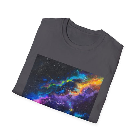 Charcoal cotton T-shirt with vibrant neon galaxy pattern and crew neck