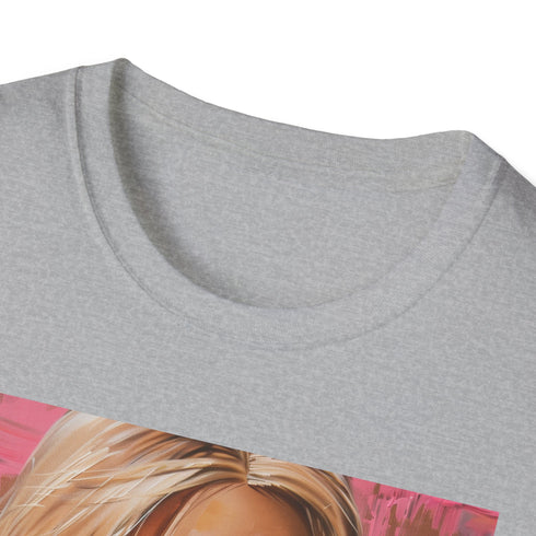 Charcoal cotton T-shirt featuring vibrant Barbie portrait in brushstroke style