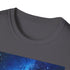 Charcoal crew neck cotton t-shirt with vibrant Milky Way celestial design
