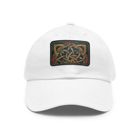 White cotton Celtic knot baseball cap with light brown patch.