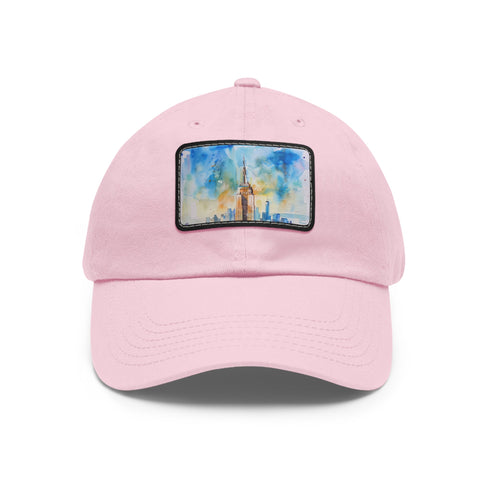Empire State Skyline Watercolor Cap, White Light Brown Rectangle Hat