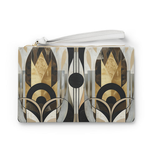 Vibrant abstract art deco clutch bag with bold geometric print.