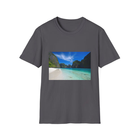 Cotton charcoal T-shirt with tropical paradise graphic ideal for summer vibes
