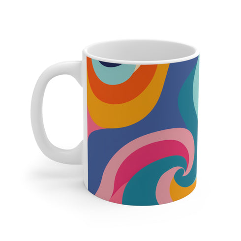Vibrant retro waves ceramic coffee mug, 11 oz sublimation design.