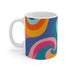 Vibrant retro waves ceramic coffee mug, 11 oz sublimation design.