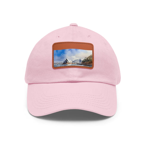 Sydney skyline white cotton baseball hat with light brown patch.