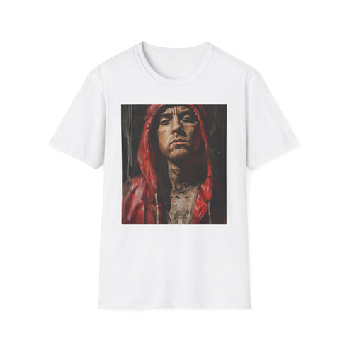Vibrant charcoal T-shirt with Eminem painting showcasing bold brushstrokes and energy