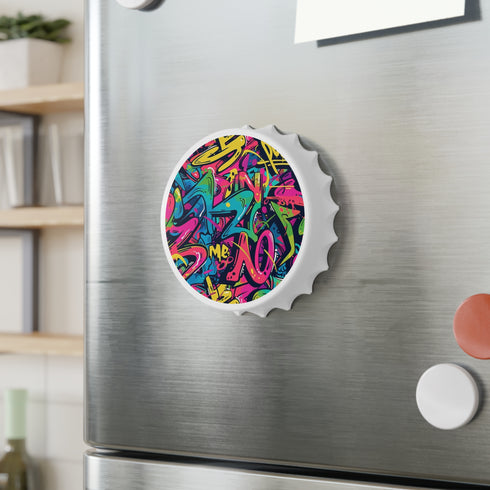 Neon graffiti bottle opener with urban design in white.