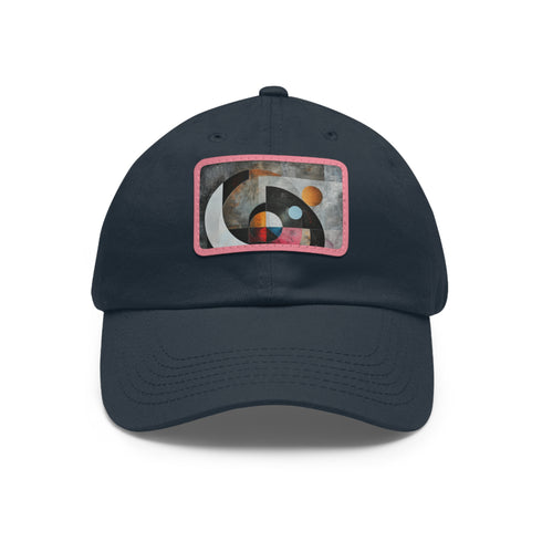 Stylish white cap with abstract geometric design and light brown patch.