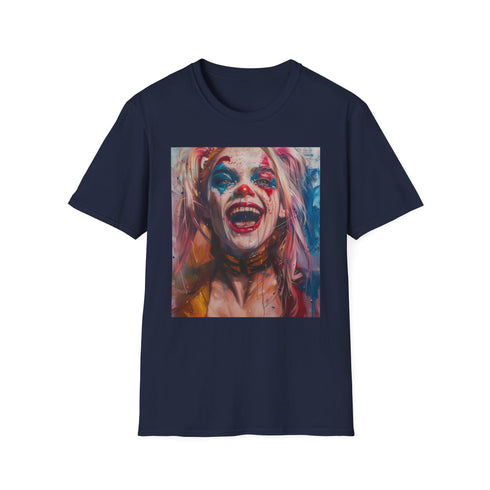 Vibrant Harley Quinn character tee in charcoal cotton for summer.