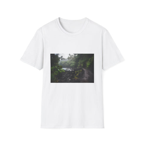 Charcoal crew neck cotton T-shirt with vibrant tropical paradise design