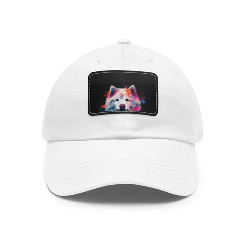 White baseball cap with fluffy pup patch. Casual, unisex cotton hat.