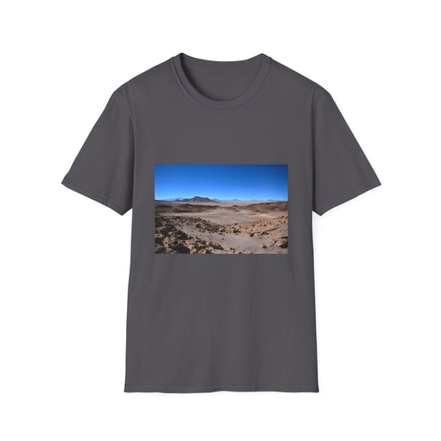 Charcoal crew neck T-shirt featuring vibrant Atacama Desert landscape pattern