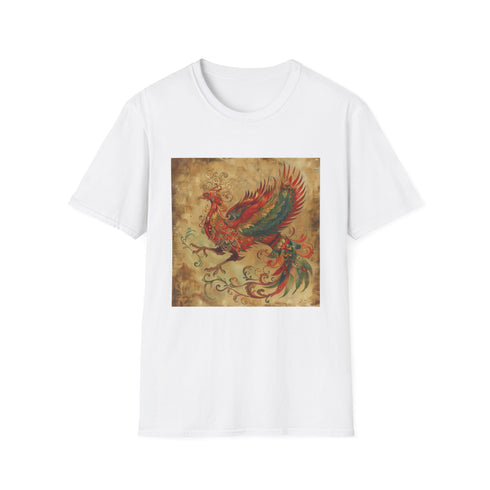 Mythical phoenix rising from ashes on charcoal t-shirt, unisex, size S.