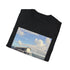 Charcoal retro camper van T-shirt with seaside design on cotton fabric